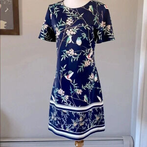 NY & Co Navy Blue Bird & Floral Sheath Dress Small 7th Ave